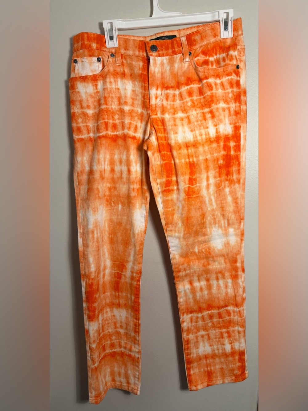 Lauren Ralph Lauren Orange and White Tie-Dye Straight Leg Jeans